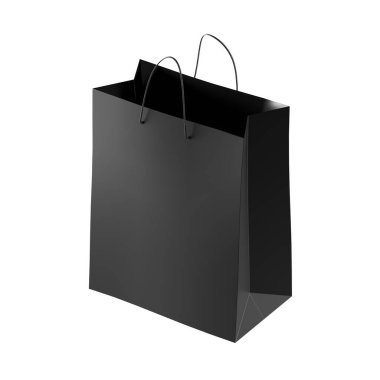 Beyaz arka planda izole edilmiş alışveriş için saplı siyah karton çanta. Kaynak ya da model. 3d hazırlayıcı
