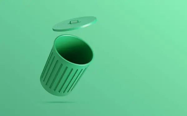 Open green large trash can or container isolated on green background, waste, copy space. Sign or symbol. 3D render