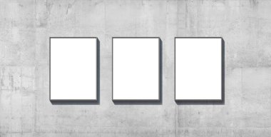 Bir binanın beton duvarında asılı üç tane dikey duvar afişi, reklam panosu ya da tabela seti. Reklam için yer var. 3d hazırlayıcı