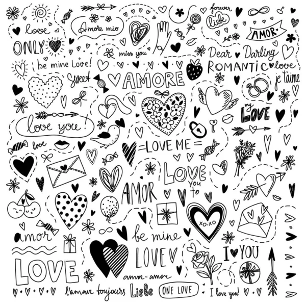 Zestaw Symboli Miłosnych Duża Kolekcja Narysowany Szkic Elementów Miłosnych Ręcznie — Wektor stockowy