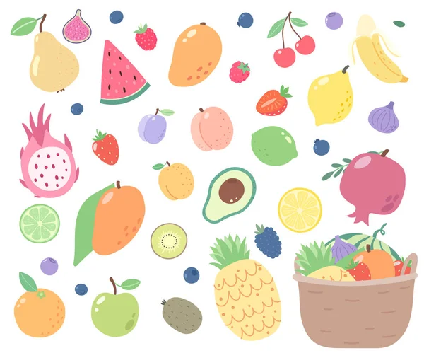 Colección Frutas Frutas Tropicales Naturales Cesta Ilustración Vectorial Dibujada Mano — Vector de stock