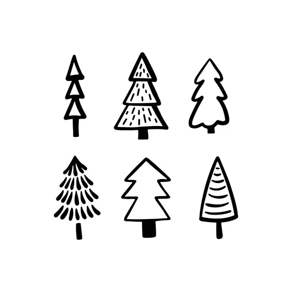 Christmas Tree Various Set Collection Black White Silhouette Ink Sketch — Stock Vector