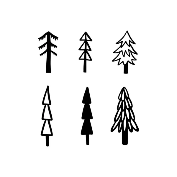 クリスマスツリー様々なセット コレクション黒 白のシルエット インクスケッチ モノクローム手描きベクトルイラストでドアスタイル — ストックベクタ