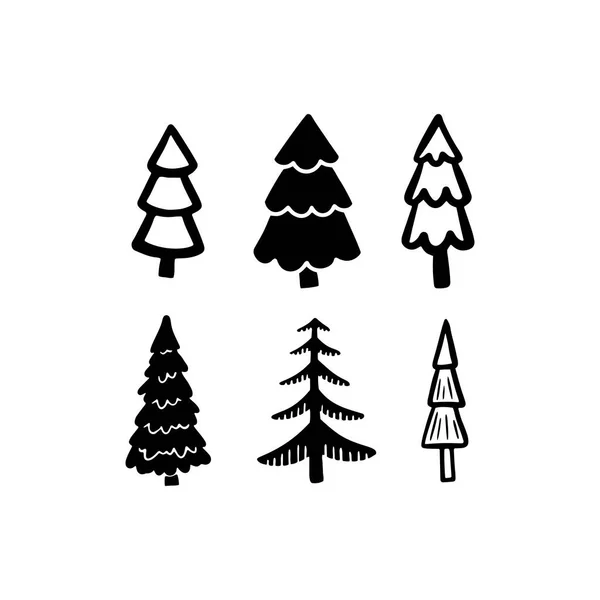 stock vector Christmas Tree various set. Collection black-white silhouette. Ink sketch.  Monochrome hand drawn vector illustration in doodle style.