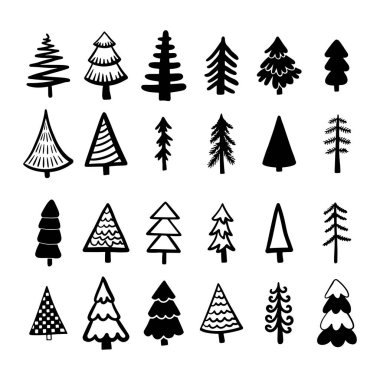 Yılbaşı ağacı seti. Siyah-beyaz siluet koleksiyonu. Mürekkep çizimi. Tek renkli el çizimi vektör illüstrasyonuName.