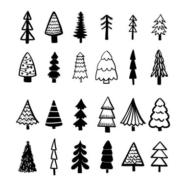 Yılbaşı ağacı seti. Siyah-beyaz siluet koleksiyonu. Mürekkep çizimi. Tek renkli el çizimi vektör illüstrasyonuName.