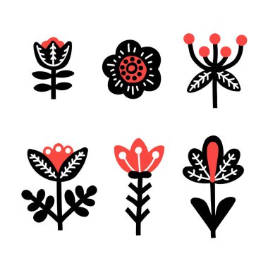 İskandinav çiçek elementleri. İsveç halk süsü. El çizimi vektör illüstrasyonu.