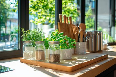Cam kavanozlar, bambu kaplar, yeniden kullanılabilir pamuk torbaları, ahşap raflar ve saksı bitkileri gibi çevre dostu aksesuarların yer aldığı şık bir sıfır atık mutfağı.. 