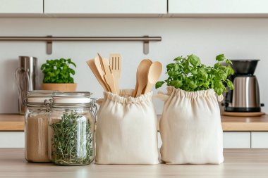 Cam kavanozlar, bambu kaplar, yeniden kullanılabilir pamuk torbaları, ahşap raflar ve saksı bitkileri gibi çevre dostu aksesuarların yer aldığı şık bir sıfır atık mutfağı.. 