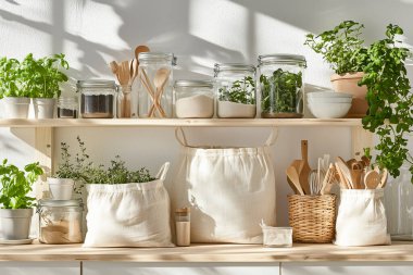 Cam kavanozlar, bambu kaplar, yeniden kullanılabilir pamuk torbaları, ahşap raflar ve saksı bitkileri gibi çevre dostu aksesuarların yer aldığı şık bir sıfır atık mutfağı.. 