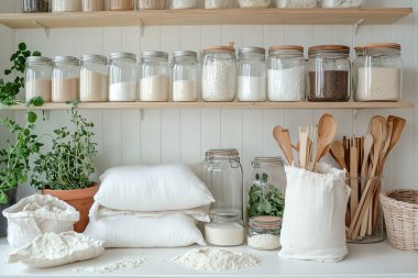 Cam kavanozlar, bambu kaplar, yeniden kullanılabilir pamuk torbaları, ahşap raflar ve saksı bitkileri gibi çevre dostu aksesuarların yer aldığı şık bir sıfır atık mutfağı.. 