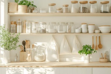 Cam kavanozlar, bambu kaplar, yeniden kullanılabilir pamuk torbaları, ahşap raflar ve saksı bitkileri gibi çevre dostu aksesuarların yer aldığı şık bir sıfır atık mutfağı.. 