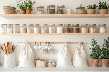 Cam kavanozlar, bambu kaplar, yeniden kullanılabilir pamuk torbaları, ahşap raflar ve saksı bitkileri gibi çevre dostu aksesuarların yer aldığı şık bir sıfır atık mutfağı.. 