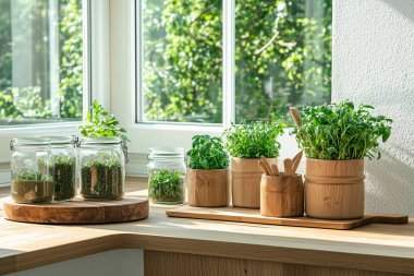 Cam kavanozlar, bambu kaplar, yeniden kullanılabilir pamuk torbaları, ahşap raflar ve saksı bitkileri gibi çevre dostu aksesuarların yer aldığı şık bir sıfır atık mutfağı.. 