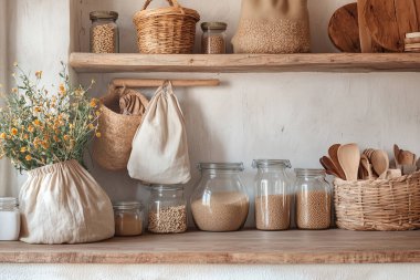 Cam kavanozlar, bambu kaplar, yeniden kullanılabilir pamuk torbaları, ahşap raflar ve saksı bitkileri gibi çevre dostu aksesuarların yer aldığı şık bir sıfır atık mutfağı.. 