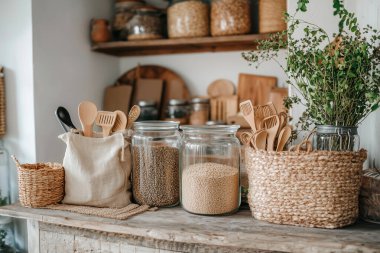 Cam kavanozlar, bambu kaplar, yeniden kullanılabilir pamuk torbaları, ahşap raflar ve saksı bitkileri gibi çevre dostu aksesuarların yer aldığı şık bir sıfır atık mutfağı.. 