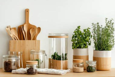 Cam kavanozlar, bambu kaplar, yeniden kullanılabilir pamuk torbaları, ahşap raflar ve saksı bitkileri gibi çevre dostu aksesuarların yer aldığı şık bir sıfır atık mutfağı.. 