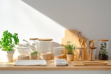 Cam kavanozlar, bambu kaplar, yeniden kullanılabilir pamuk torbaları, ahşap raflar ve saksı bitkileri gibi çevre dostu aksesuarların yer aldığı şık bir sıfır atık mutfağı.. 