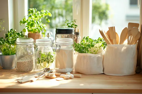 Cam kavanozlar, bambu kaplar, yeniden kullanılabilir pamuk torbaları, ahşap raflar ve saksı bitkileri gibi çevre dostu aksesuarların yer aldığı şık bir sıfır atık mutfağı.. 