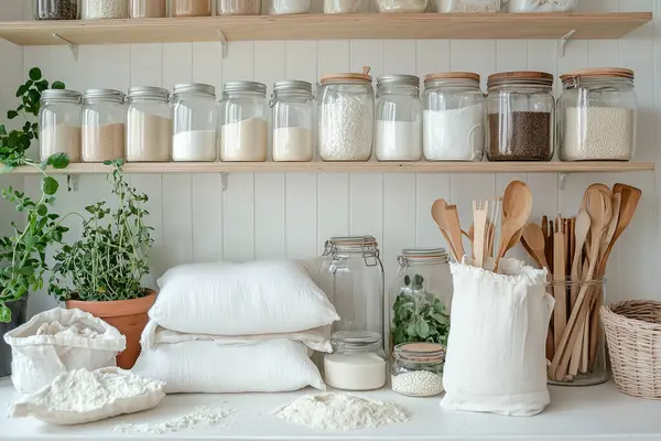 Cam kavanozlar, bambu kaplar, yeniden kullanılabilir pamuk torbaları, ahşap raflar ve saksı bitkileri gibi çevre dostu aksesuarların yer aldığı şık bir sıfır atık mutfağı.. 