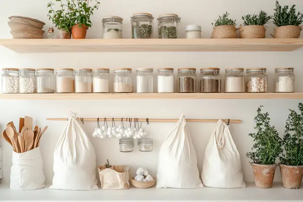 Cam kavanozlar, bambu kaplar, yeniden kullanılabilir pamuk torbaları, ahşap raflar ve saksı bitkileri gibi çevre dostu aksesuarların yer aldığı şık bir sıfır atık mutfağı.. 