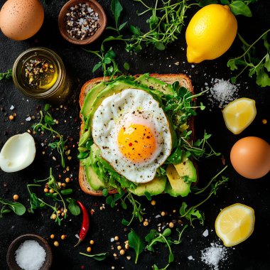 Krem şantili avokadoyla kaplı çıtır ekşi ekmek ve mükemmel haşlanmış yumurta, mikro yeşil, limon aromalı ve biberli. Güne tarz ve enerjiyle başlamak için parlak, protein dolu bir kahvaltı..