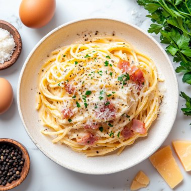 Carbonara Makarnası: Mükemmel Dengede Bir İtalyan Klasiği. Çıtır pancetta, taze yumurta rendelenmiş parmesan, karabiber ve taze maydanozlu kremalı makarna. Zengin, ipeksi bir dokusu ve cesur tadı olan ebedi bir İtalyan favorisi..