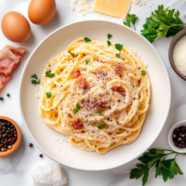 Carbonara Makarnası: Mükemmel Dengede Bir İtalyan Klasiği. Çıtır pancetta, taze yumurta rendelenmiş parmesan, karabiber ve taze maydanozlu kremalı makarna. Zengin, ipeksi bir dokusu ve cesur tadı olan ebedi bir İtalyan favorisi..