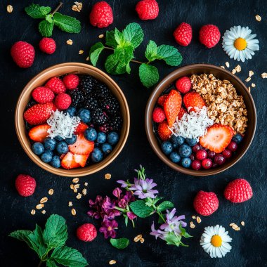 Granola, Hindistan cevizi ve naneli Taze Böğürtlen Kaseleri