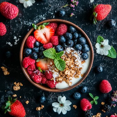 Granola, Hindistan cevizi ve naneli Taze Böğürtlen Kaseleri