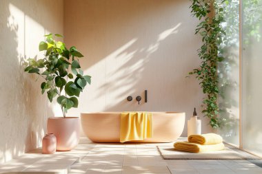 Doğal ahşap Japon lavabosu olan minimalist çevre dostu bir banyo, pastel sarı havlular, canlı yeşil okaliptüs, mercan pembesi seramik bir vazo ve büyük buzlu bir pencereden içeri akan parlak güneş ışığı.