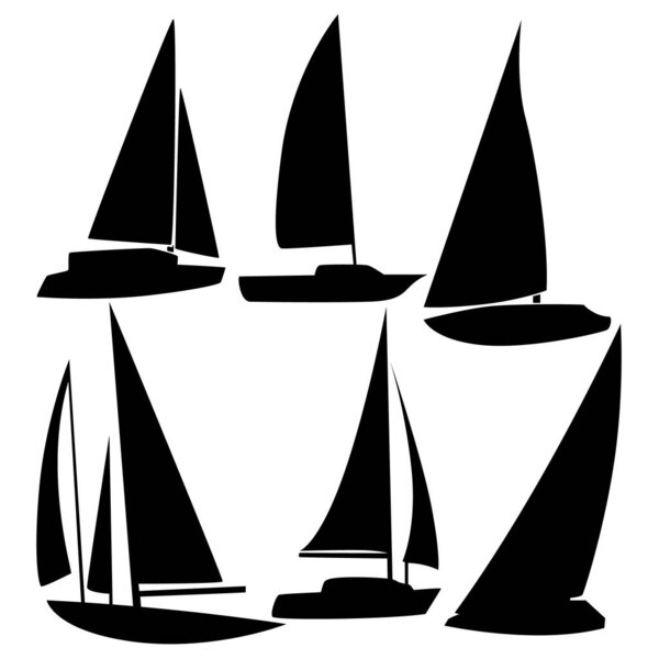 A set of six silhouettes of sailing yachts. Vector illustration.