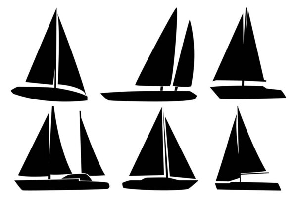 A set of six silhouettes of sailing yachts. Vector illustration.