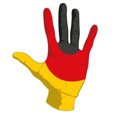 Alman bayrağının insan eli üzerindeki görüntüleri. Vektör illüstrasyonu.