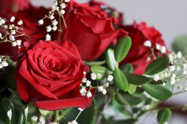 Bir buket kırmızı gül. Yumuşak odaklı sevgililer günü veya düğün çiçekleri çerçevesi.