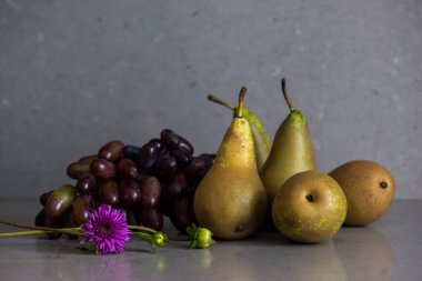 Gri arka planda armut ve üzümlerle dolu sonbahar meyveleri.