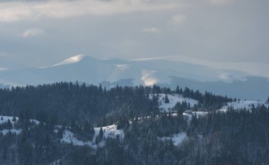 Ukrayna 'nın Karpat Dağları' ndaki Synevyr geçidinden Borzhava sırtına kış manzarası