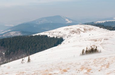 Slavsko kasabası yakınlarındaki kış manzarası, Karpat Dağları, Ukrayna
