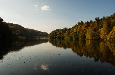 Yavoriv Ulusal Doğa Parkı Gölü manzarası Sonbahar sabahı, Ukrayna