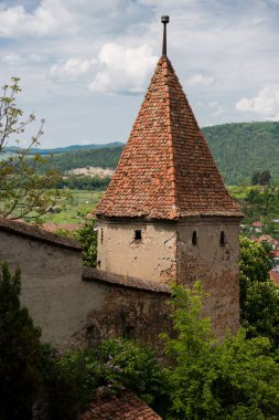 İlkbaharda ortaçağ sokak manzarası, Sighisoara, Romanya