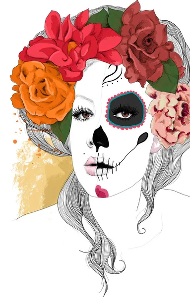 カトリーナ メキシコ 砂糖頭蓋骨 女性の肖像画 水彩画イラスト メキシコ文化 ハロウィン — ストック写真