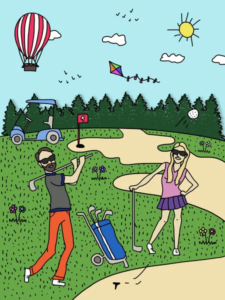 Couple playing Golf, Naive Art, Hand drawn illustration, Couple Goals, A man and a woman playing golf, Line Art