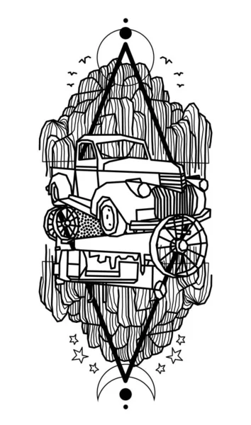 Farm Tractor Truck Weeping Willow Tree Ink Tattoo Hand Drawn — 图库照片