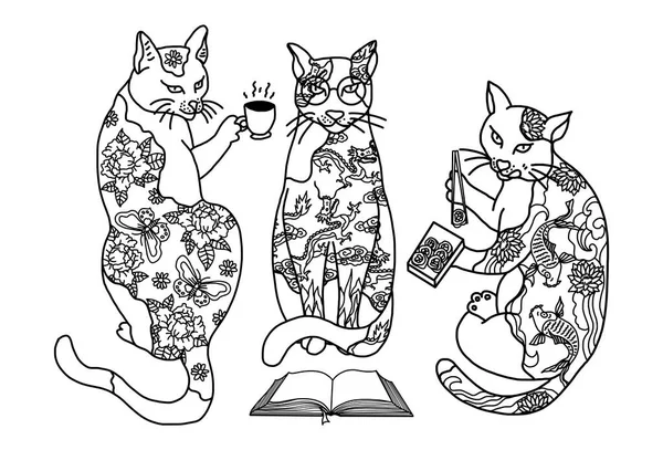 Line Art Japanese Cats Traditional Tattooing Style Illustration Cat Drinking — ストック写真