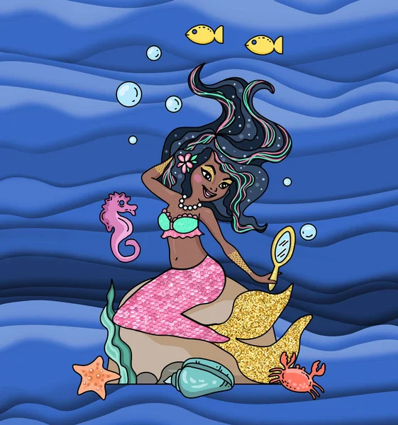 Africký Americký Střih Panenka Mořská Panna Dívka Ilustrace Papírová Panenka — Stock fotografie
