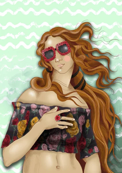 Nacimiento Venus Moderna Ilustración Fashionista Renacimiento Sandro Botticelli Venus Flamboyant —  Fotos de Stock