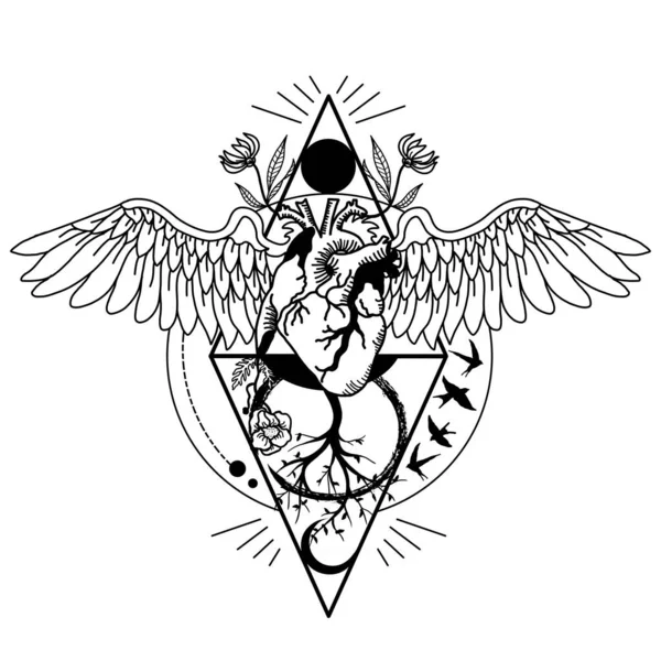 Linia Art Winged Heart Flowers Tatuaż Geometryczna Ilustracja Czarno Białe Zdjęcia Stockowe bez tantiem