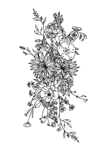 Minimalistyczna Linia Art Wildflowers Bouquet Tatuaż Ilustracja Ręcznie Rysowane Linii Obraz Stockowy