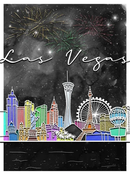 Las Vegas Skyline Bei Nacht Aquarell Linie Art Illustration Usa — Stockfoto