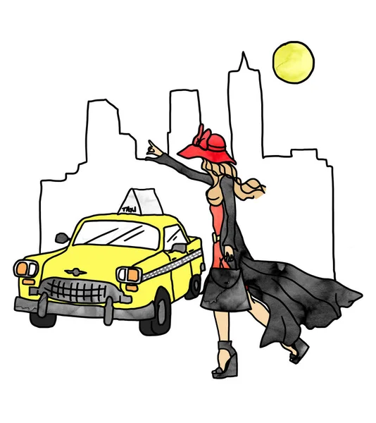 Fashion Woman Wezwanie Taksówki Wielkim Mieście Ilustracja Dziewczyna Wezwanie Taksówki Obrazy Stockowe bez tantiem